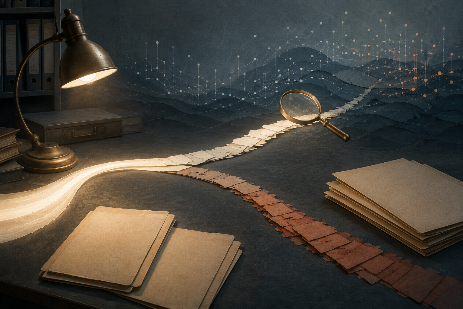 Metaphorical archive desk where one paper trail branches and a lens follows one route; technical evidence appears in the adjacent text.
